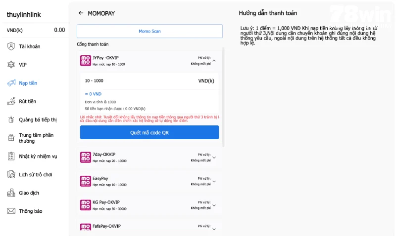 Các phương thức nạp tiền 78WIN nhanh nhất