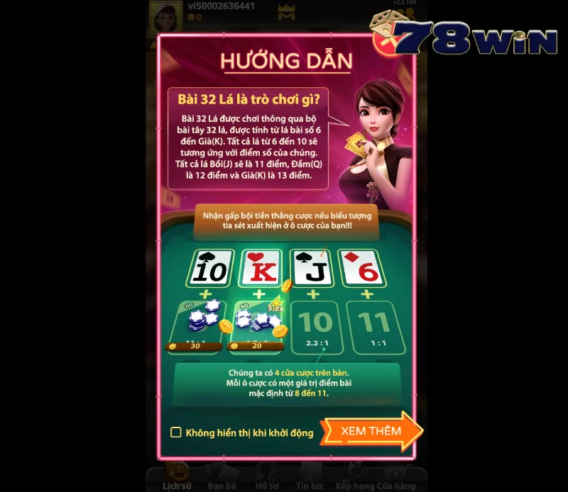 Hướng dẫn thao tác đặt cược bài 32 lá 78win